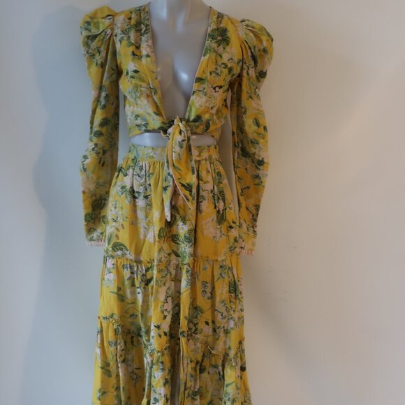 Womens Hemant & Nandita Yellow Green 2 Pc Set Floral Print Cropped Top Skirt S - Picture 2 of 16